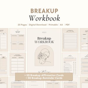 Op de afbeelding: Een digitaal downloadbare breakup-werkboek met 25 pagina's, te printen in A4-formaat. Het werkboek heeft een minimalistisch ontwerp met een lijntekening van een vrouwenhoofd en de tekst "Breakup Workbook". Het bevat ook 50 breakup-affirmatiecards en 50 breakup-herinneringskaarten.