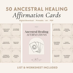 May include: A set of 50 printable ancestral healing affirmation cards with a digital download option. The cards are beige with a black border and feature a variety of affirmations related to healing from past trauma and ancestral patterns. The cards are designed with a minimalist aesthetic and feature a simple illustration of a sun and moon.