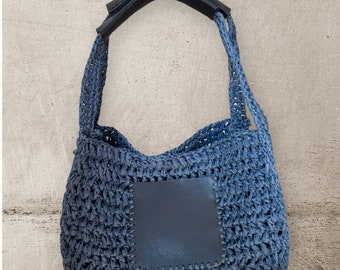 Crochet Raffia Shoulder Bag: Handmade Blue Tote with Leather Details