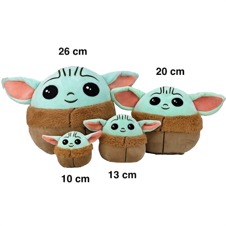 May include: Four plush toys of a popular character from the Star Wars franchise. The toys are different sizes, measuring 10 cm, 13 cm, 20 cm, and 26 cm. The toys are green and brown with large eyes and a smiling face.