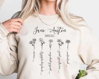 Jane Austen Sweatshirt With Wildflowers, Pride and Prejudice Sweater, Crewneck Gift for English Major, Book Club Sweatshirt Gift