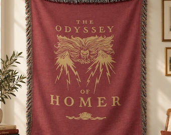 The Odyssey Woven Blanket, Vintage Poetcore Homer Book Cover in Red and Gold for Mythology Book Lovers