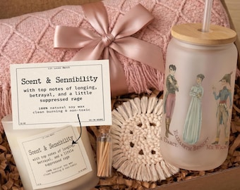 Jane Austen Gift Set For Book Lover, Hygge Reading Box for Janeite Tumbler Blanket Candle, Sense & Scensibility Classical Literature Gift