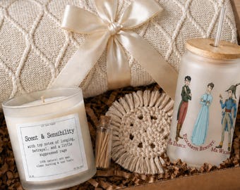 Jane Austen Gift Book Lover Set, Hygge Reading Box for Janeite with Tumbler Blanket & Candle, Sense Sensibility Classical Literature Gift