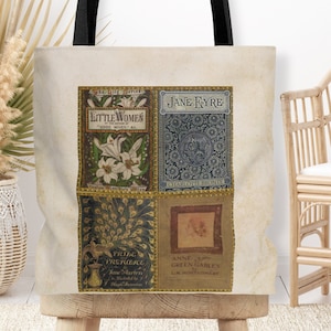 Pride and Prejudice Jane Austen Book Merch Tote Bag With Vintage Book Covers, Anne of Green Gables, Little Women, Jane Eyre, Literary Tote