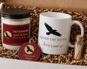 Boo Basket for Her, Edgar Allan Poe Halloween Basket with Raven Mug, Candle and Ornament