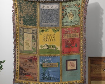 Jane Austen Little Women Anne Green Gables and Jane Eyre Woven Blanket for Reading Nook Decor, Literary Wall Tapestry