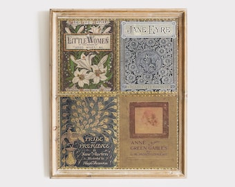 Vintage Book Covers Wall Art Print, Anne of Green Gables Art, Pride and Prejudice Book Decor, Little Women Jane Eyre Giclee Fine Art Print