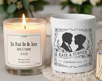 Personalized Jane Austen Wedding Gift Set, Engagement Pride and Prejudice Candle Mug, Custom Literary Wedding Present for Mr Darcy Fans