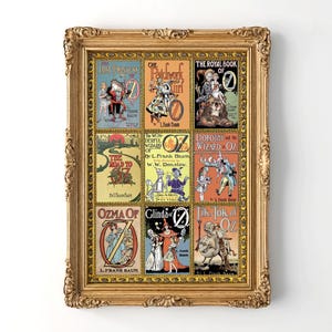 May include: A framed print featuring nine vintage book covers from the Oz series by L. Frank Baum. The covers are colorful, with illustrations and text. The frame is ornate, gold-colored, and adds a classic touch to the artwork.