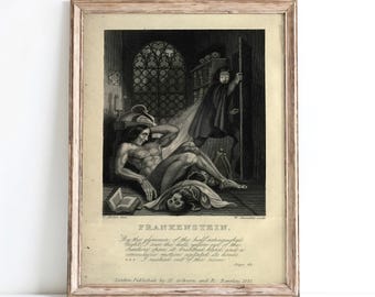 Frankenstein Mary Shelley Vintage Book Cover Wall Art, Gothic Horror Literature Print, Classic Monster Story Poster, Dark Academia Decor