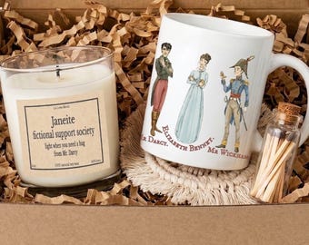 Jane Austen Gift Set for Book Lovers, Literary Encouragement Mug and Candle, Bibliotherapy Care Package for Mom
