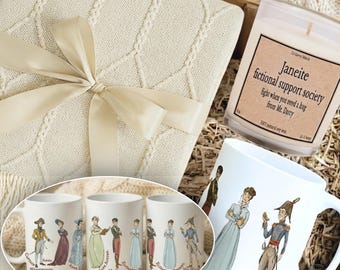 Jane Austen Care Package, Janeite Gift, Light When You Need a Hug from Mr. Darcy Gift Set, Pride Prejudice Blanket Candle & Mug