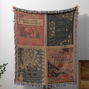 Jane Austen Blanket Tapestry, Vintage Pride and Prejudice Woven Literary Blanket, Vintage Book Cover Throw Blanket, Jane Austen Gift