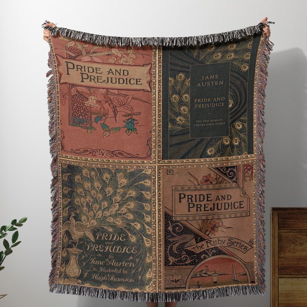 Jane Austen Blanket Tapestry, Vintage Pride and Prejudice Woven Literary Blanket, Vintage Book Cover Throw Blanket, Jane Austen Gift