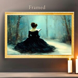 vintage gold framed poser of a woman reading in a snowy magical forest