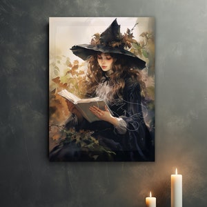 Whimsigoth Witch Reading in Magical Autumn Forest Watercolor Canvas Wall Art, Witch Art, Witchy Wall Art, Dark Cottagecore Halloween Decor