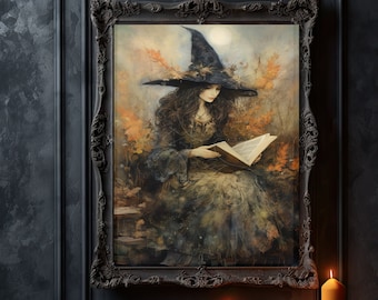 May include: A framed painting of a witch in a forest setting, wearing a black pointed hat and a long flowing dress. She is reading a book and surrounded by autumn leaves.