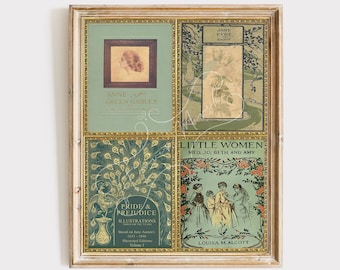 Green Vintage Book Covers Fine Art Print, Pride and Prejudice Anne of Green Gables Little Women Jane Eyre Book Wall Art Print, Literary Art
