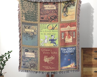 Vintage Book Covers Woven Blanket, Pride and Prejudice Poe Gatsby Oz Shakespeare Reading Throw