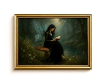 Dark Cottagecore Fairy Art Print, Fantasy Forest Fairy Reading Book, Mystical Mushroom Poster, Enchanted Woodland Wall Decor, Whimsical Art