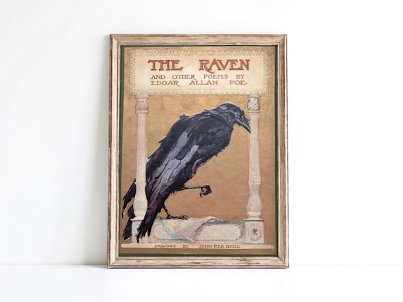 The Raven Edgar Allan Poe Vintage Book Cover Wall Art, Gothic Poetry Print, Classic Horror Literature Poster, Dark Academia Decor