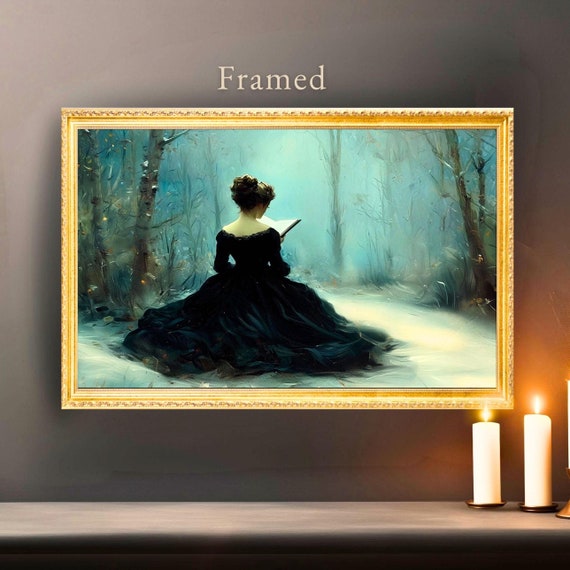 Vintage Style gold FRAMED Winter Dark Academia Poster Wall Art, Dark Cottagecore Snowy Academia Print Gift for Book Lovers at Christmas