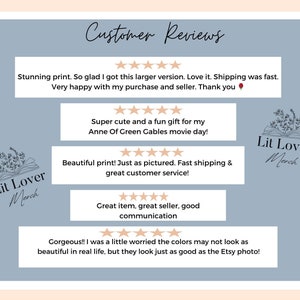 May include: Five customer reviews with five stars each. The reviews are positive and mention the quality of the product, fast shipping, and great customer service. The reviews are from customers who purchased a print of a book cover.