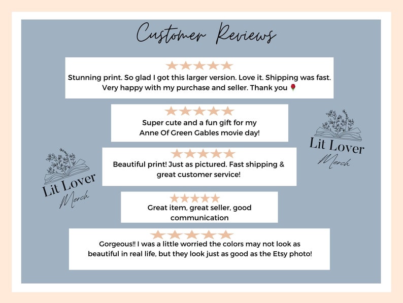 May include: Five customer reviews with five stars each. The reviews are positive and mention the quality of the product, fast shipping, and great customer service. The reviews are from customers who purchased a print of a book cover.