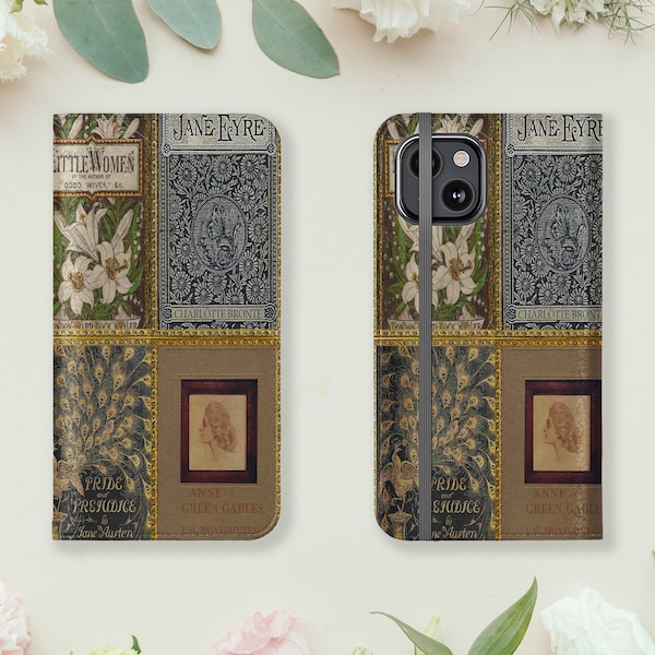 Book Folio Flip Phone Wallet Case Jane Austen Pride Prejudice Anne Green Gables Jane Eyre Little Women for iPhone & Samsung, Book Lover Gift