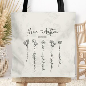Jane Austen Pride and Prejudice Book Tote Bag, Jane Austen Wildflowers Book Merch, Book Worm Gift, Emma, Cottagecore Bag, Mr Darcy, Bookish Bild 1