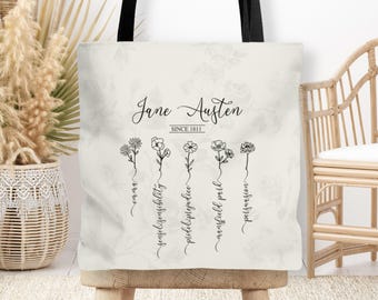 Jane Austen Pride and Prejudice Book Tote Bag, Jane Austen Wildflowers Book Merch, Book Worm Gift, Emma, Cottagecore Bag, Mr Darcy, Bookish