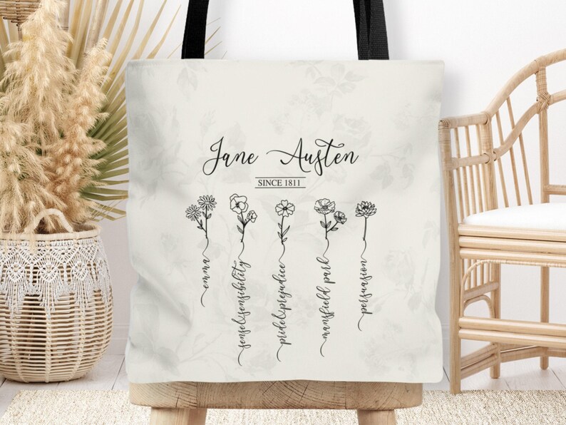 Jane Austen Pride and Prejudice Book Tote Bag, Jane Austen Wildflowers Book Merch, Book Worm Gift, Emma, Cottagecore Bag, Mr Darcy, Bookish Bild 1