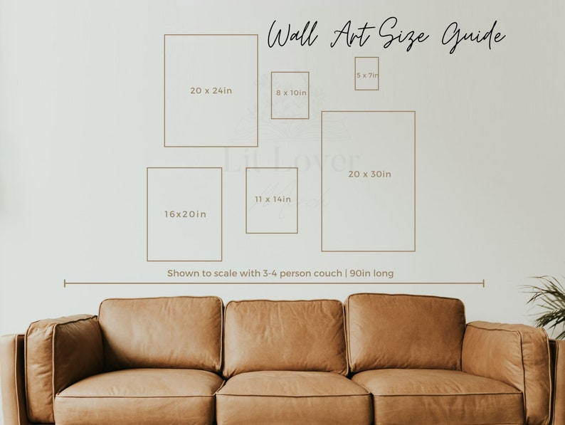 K&ouml;nnte beinhalten: Ein Leitfaden f&uuml;r Wandkunstgr&ouml;&szlig;en, der verschiedene Rahmengr&ouml;&szlig;en in Zoll zeigt, mit einem Sofa als Ma&szlig;stab. Der Text lautet "Wandkunstgr&ouml;&szlig;enleitfaden" und "Im Ma&szlig;stab mit einem 3-4 Personen Sofa | 90 Zoll lang dargestellt".