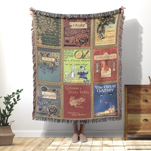 Vintage Book Covers Blanket, Woven Throw Blanket Featuring Pride & Prejudice Poe Great Gatsby Wizard of Oz Shakespeare Alice in Wonderland