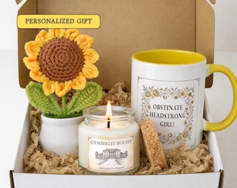 Personalized Jane Austen Care Package With Custom Name Pemberley Candle, Obstinate Headstrong Girl Mug & Crotched Sunflower Hug in a Box