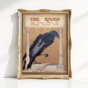 The image is a framed painting depicting a black raven perched on a stone pedestal, with the title "The Raven" and the author's name "Edgar Allan Poe" written above it.