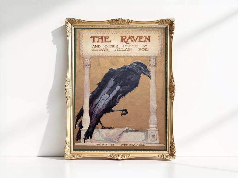 The image is a framed painting depicting a black raven perched on a stone pedestal, with the title "The Raven" and the author's name "Edgar Allan Poe" written above it.