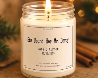 Personalized Wedding or Engagement Candle, She Found Her Mr Darcy Candle, Custom Jane Austen Bridal Shower Gift, Anniversary Candle
