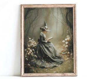 Romantic Fairycore Witch Wall Art, Fall Witchcore Coquette Poster, Autumn Mystical Art Print for Book Lovers