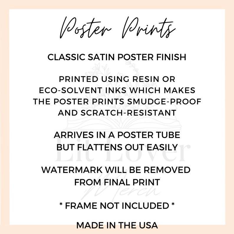 May include: Poster Prints text with a classic satin poster finish. Printed using resin or eco-solvent inks which makes the poster prints smudge-proof and scratch-resistant. Arrives in a poster tube but flattens out easily. Watermark will be removed from final print. *Frame not included*. Made in the USA.