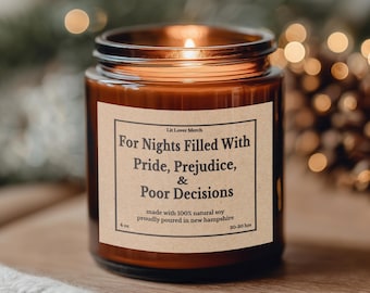 Jane Austen Candle 4 & 9 13oz Pride Prejudice Funny Janeite Jar Candle, Punny Literary Book Lover Gift, Bookish Reader Present