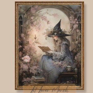 May include: A painting of a young woman wearing a witch's hat and reading a book. She is sitting in a garden setting with a candle and flowers. The painting is done in a soft, romantic style.
