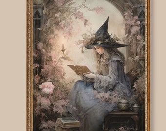 Impresión artística de bruja oscura estilo cottagecore de Whimsigoth, póster de Dark Academia, decoración de witchcore, póster de bruja oscura estilo cottagecore, impresión giclée de otoño