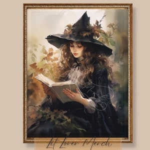 May include: A woman wearing a black witch hat with autumn leaves and a black dress reads a book in a forest setting.