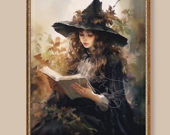 May include: A woman wearing a black witch hat with autumn leaves and a black dress reads a book in a forest setting.