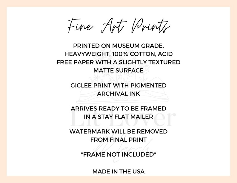 Może przedstawiać: Tekst "Fine Art Prints" na białym tle. Drukowane na papierze o jakości muzealnej, ciężkim, 100% bawełnianym, bezkwasowym, o lekko fakturowanej matowej powierzchni. Druk gicl&eacute;e z pigmentowanym tuszem archiwalnym. Dostarczane gotowe do oprawienia w płaskiej kopercie. Znak wodny zostanie usunięty z ostatecznego wydruku. *Rama nie jest wliczona w cenę*. Wyprodukowano w USA.
