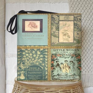 May include: A tote bag with a collage of book covers featuring classic literature titles like "Anne of Green Gables", "Pride and Prejudice", "Little Women", and "Jane Eyre".