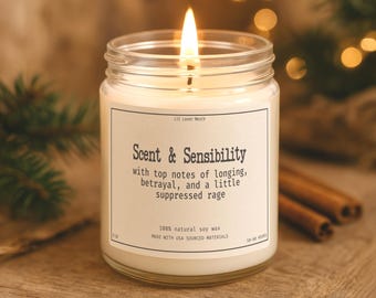 Jane Austen Candle 4 & 9 13oz Size Sense and Sensibility Funny Janeite Jar Candle, Punny Literary Book Lover Gift, Bookish Reader Present