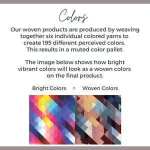 May include: A visual comparison of bright colors versus muted colors. The image shows how vibrant colors appear when woven together, resulting in a more muted color palette. The text reads "Bright Colors = Woven Colors".
